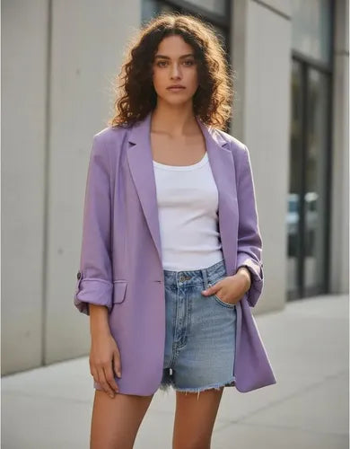 Saco Blazer Lino Amplio Lila Liso 42