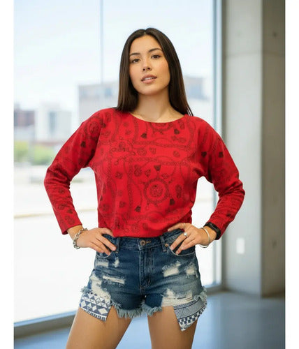 Buzo Corto De Diseño  Amplio S Rojo Estampado