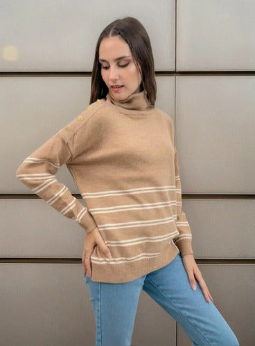 Sweater  Rayado Tejido Polera Amplio Marrón Claro Rayas Beige Rayas Único