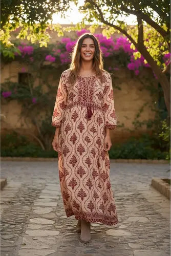 Vestido De Seda Hindú Largo Mod. 31 Rosa Estampado Único