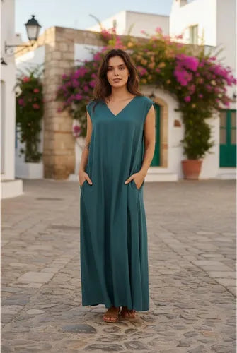 Vestido Largo Simil Seda Amplio Sin Mangas Azul Petróleo Lisa Único
