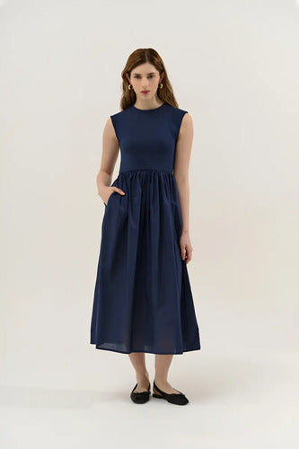 Vestido Largo Sin Mangas Combinado Con Ribb Y Poplin