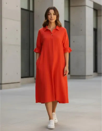 Vestido De Simil Seda Cuello Camisero Verde Liso Único