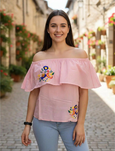 Camisa Blusa Paisana Bordada Rosa Bordado Único