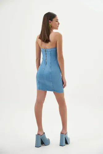 Vestido Jean Elastizado Strapless Denim Celeste S
