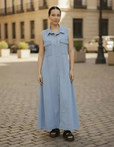 Vestido De Jean Abotonado Largo Maxi Denim Sin Mangas