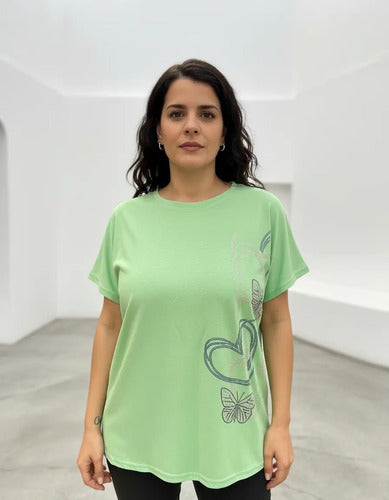 Remera  Modal Strass Importada Talle Grande Verde Corazones 3xl Lisa