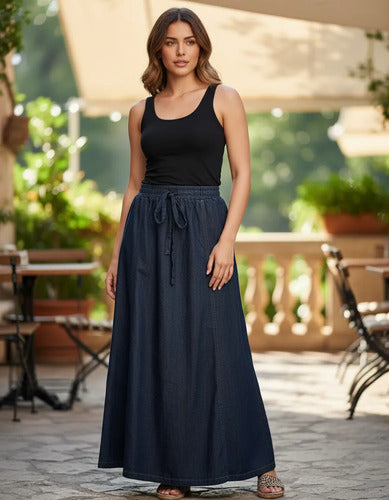 Pollera Falda De Jean Larga Evasé Azul Liso 4