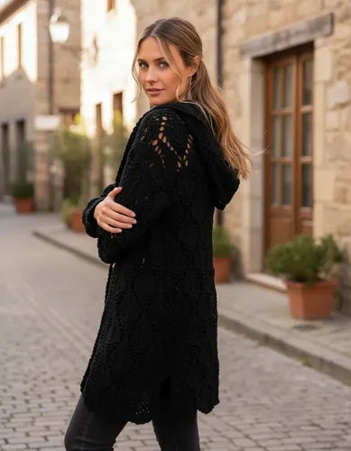 Tapado Saco Importado Chenille Con Capucha Negro Chenille Unico