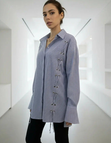 Camisa Larga  Rayada Importada Azul M