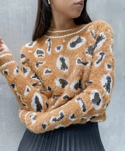 Sweater De Mujer Importado  Animal Print Pelo De Mono Marrón Animal Print Único