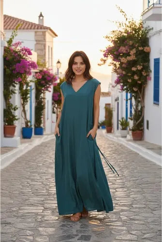 Vestido Largo Simil Seda Amplio Sin Mangas Azul Petróleo Lisa Único