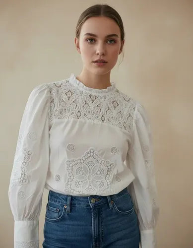 Blusa Camisa Guipur Calada Broderie