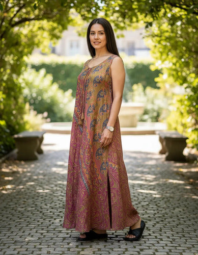 Vestido Solero Seda Hindu Importado Talle Grande Lila 2 Estampado Único