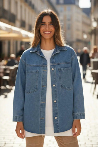 Campera De Jean Bordada Modelo Amplio Azul Único Liso