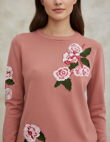 Sweater Tejido Importado Detalles  Strass Flores Negro U