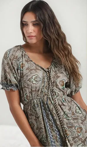 Vestido De Seda Hindú Corto Abotonado Mod. 94 Marrón Claro Estampado Único