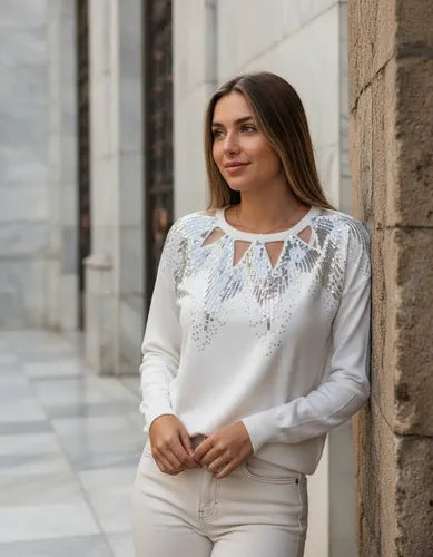 Sweater Bordado Importado Lentejuelas Paillettes Blanco U