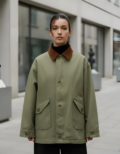 Campera De Gabardina Y Corderoy Oversize Modelo Grande Verde 40 Liso