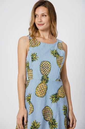 Vestido Importado Estilo Pin Up Ananas Nuevo 2da Selección Azul Rayas Único