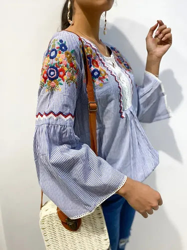 Camisa Blusa Bordada Boho Azul S