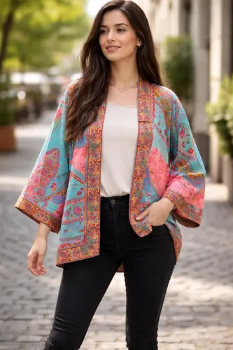 Saco Kimono Seda Hindu Multicolor Unico