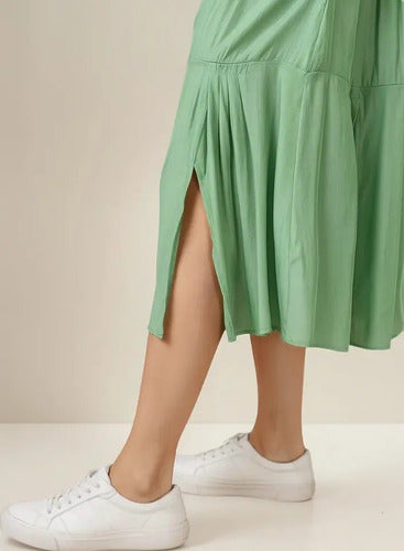 Vestido Camisero De Simil Seda Verde Lisa Único