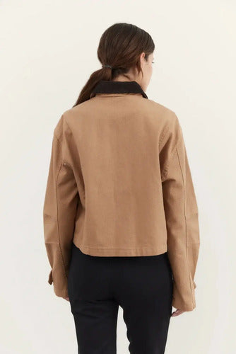 Campera De Gabardina Y Corderoy Oversize Marrón Claro 40 Liso