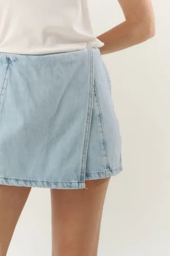 Short Pollera Skort De Jean Denim Celeste Liso Xl