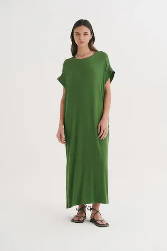 Vestido Morley Largo Con Bolsillos  Amplio Verde Liso Único