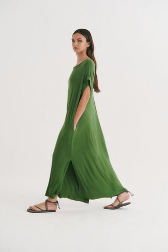 Vestido Morley Largo Con Bolsillos  Amplio Verde Liso Único