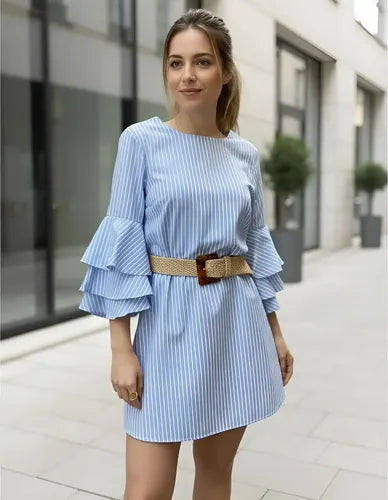 Vestido Camisa Estilo Boho Mangas Oxford Celeste S