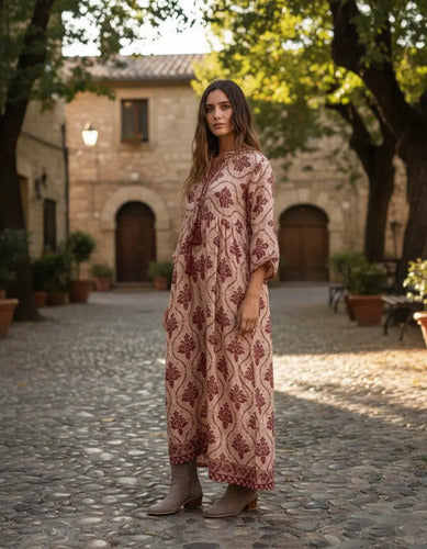 Vestido De Seda Hindú Largo Mod. 31 Rosa Estampado Único