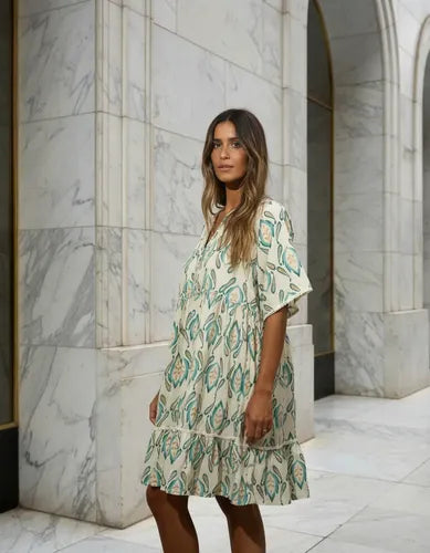 Vestido De Seda Hindú Corto Amplio Mod. 49 Crema Estampado Único