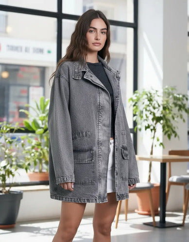 Saco Largo Jean Campera Camisaco Oversize Denim Talle Grande Gris 38 Liso