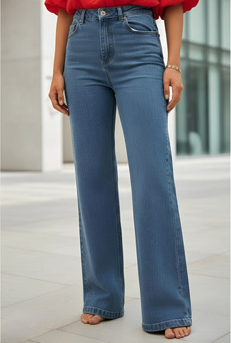 Pantalón Jean Denim Azul Claro Tiro Alto Denim Azul Claro Liso 36