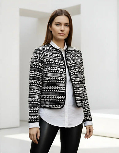Saco  Blazer Chaqueta Importada  Negro Con Beige Geométrico M