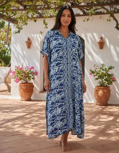 Vestido De Seda Hindú Abotonado Modelo Amplio Mod. 49 Azul Estampado Único