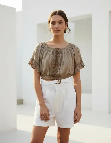 Camisa Blusa Paisana Importada Corta Marrón Claro L