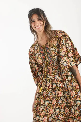 Vestido De Seda Hindú Largo Mod. 18 Negro Estampado Único