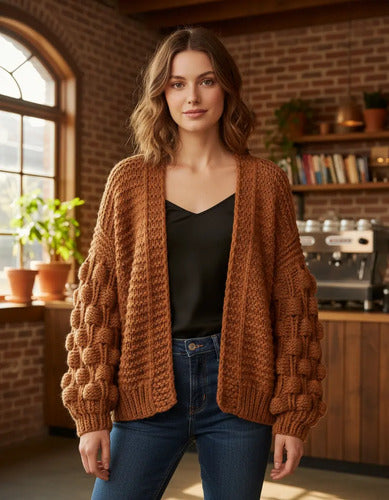 Cárdigan Tejido Grueso Importado Folk Modelo Amplio Marrón Liso Único