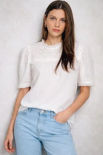 Blusa Con Cuello De Broderie Blanco Liso Xl