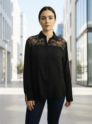 Camisa Importada Boho Perlas Y Puntillas (266) Negro Lisa L