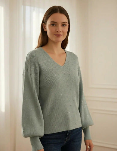 Sweater Tejido Morley Mangas Globo Y Hotfix Verde Agua Hotfix Único