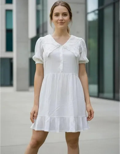 Vestido Lino Blanco Boho Con Cuello Blanco S