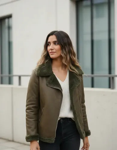 Campera Gamulán De Mujer Eco Cuero Con Piel Talle Amplio Verde Musgo 3xl Liso