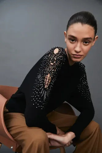 Sweater Tejido Importado Detalle En Brazos Strass  Cod. 288 Beige Unico