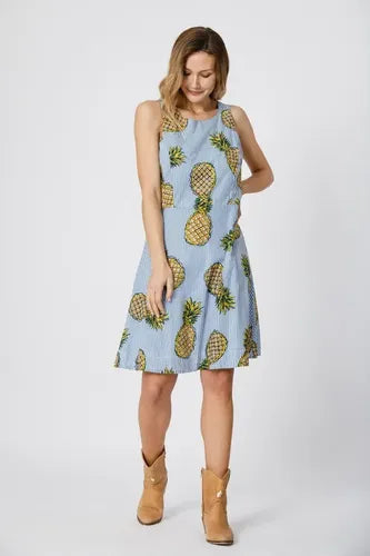 Vestido Importado Estilo Pin Up Ananas Nuevo 2da Selección Azul Rayas Único