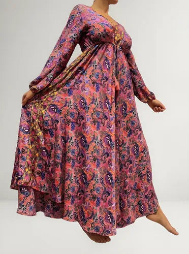 Vestido Largo Seda Hindú Manga Larga Rosa 2 Estampado Único