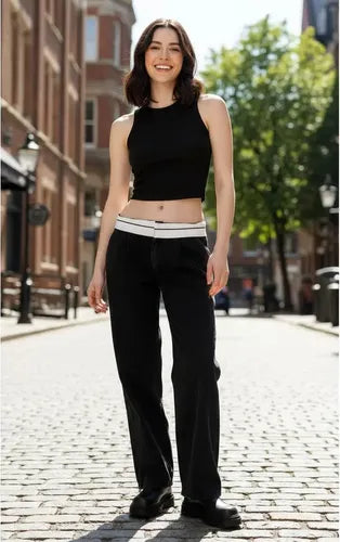 Pantalón Jean Wide Leg Jean Rígido Con Aplique  Denim